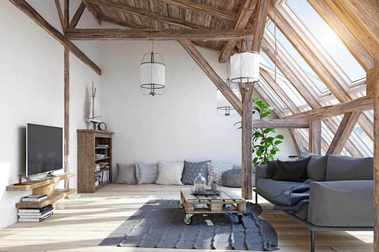 Plafoane cu grinzi aparente: trend rustic modern pentru living