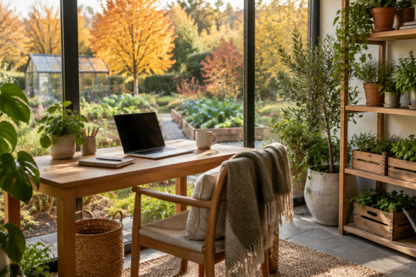 Birou de acasă amenajat într-un colț luminos de seră, cu laptop, plante verzi, lădițe cu răsaduri și o ceașcă de cafea