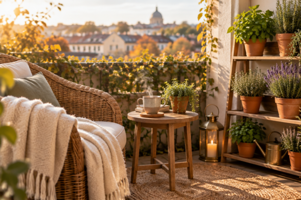 Colț de relaxare pe un balcon cu ghivece de ierburi aromatice, un scaun cu pătură și o cană de ceai la lumina dimineții
