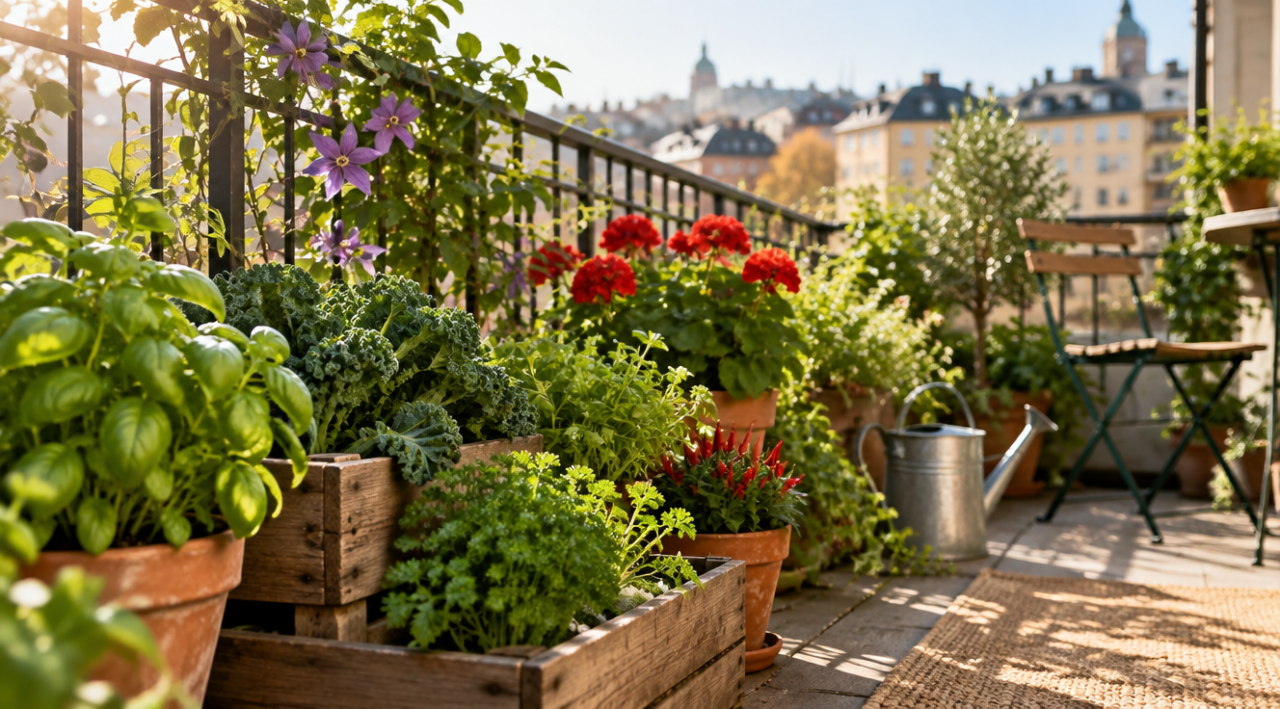 Balcon de apartament cu lăzi de lemn cu ierburi aromatice, kale și mușcate, în lumina dimineții de toamnă, cu clădiri estompate în fundal