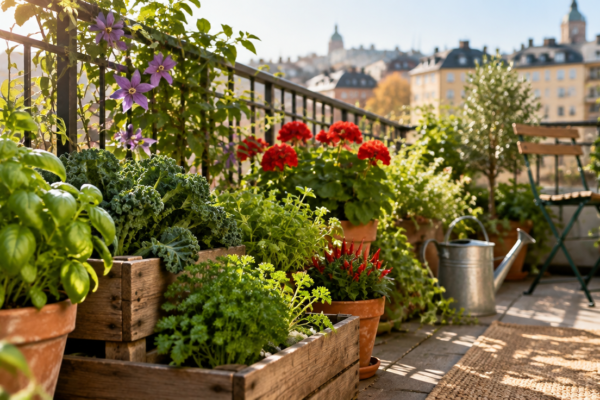Balcon de apartament cu lăzi de lemn cu ierburi aromatice, kale și mușcate, în lumina dimineții de toamnă, cu clădiri estompate în fundal