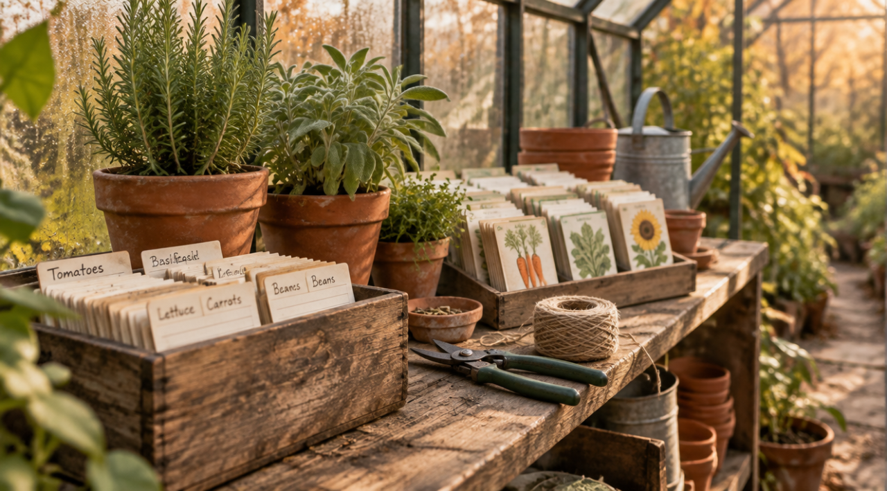 Raft de seră cu cutie de lemn cu fișe de plante scrise de mână, pachete de semințe etichetate și ghivece cu ierburi aromatice în lumină de toamnă