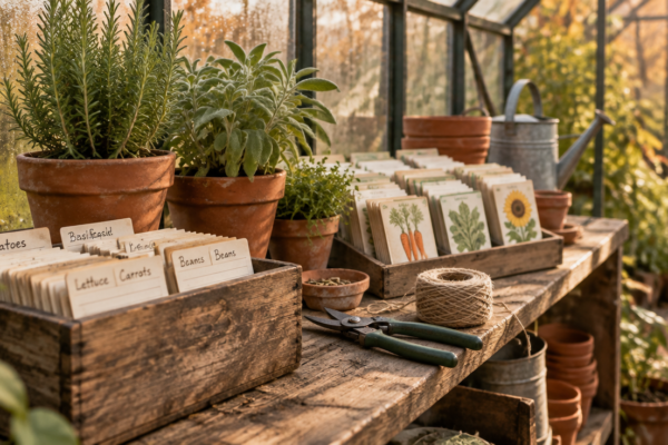 Raft de seră cu cutie de lemn cu fișe de plante scrise de mână, pachete de semințe etichetate și ghivece cu ierburi aromatice în lumină de toamnă
